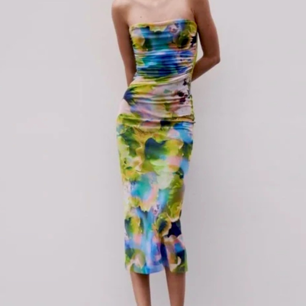 NWT- Zara Mesh Tulle Strapless Midi Dress